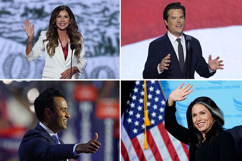 © Reuters. FILE PHOTO: Trump's cabinet picks Kristi Neom, Matt Gaetz, Vivek Ramaswamy and Tulsi Gabbard are seen in a combination of file photographs/File Photo