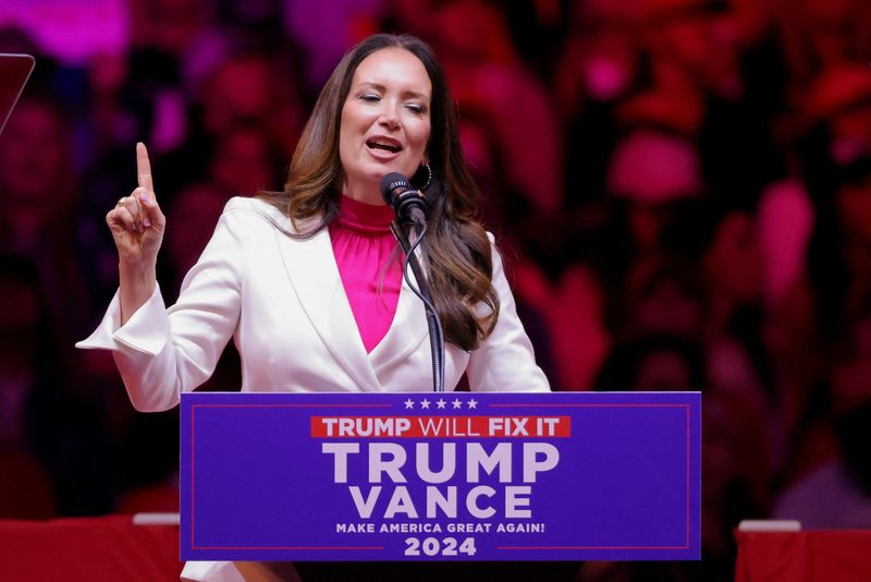 © Reuters. Brooke Rollins, President and CEO of the America First Policy Institute speaks during a rally for Republican presidential nominee and former U.S. President Donald Trump at Madison Square Garden, in New York, U.S., October 27, 2024. REUTERS/Andrew Kelly/File Photo