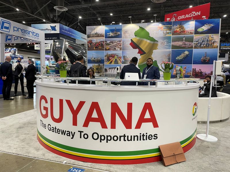 © Reuters. FILE PHOTO: Guyana's booth is seen at the Offshore Technology Conference as Bharrat Jagdeo, the South American nation's vice president, told the conference it would be unfair to ask the developing nation not to develop its burgeoning oil resources, in Houston, U.S., date unknown. REUTERS/Sabrina Valle/File Photo