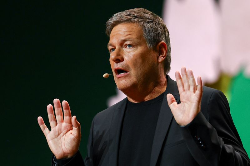 © Reuters. FILE PHOTO: Vice Chancellor Robert Habeck, designated Greens top candidate for the upcoming general elections, speaks at a three-day party convention of the Greens at the RheinMain CongressCenter (RMCC) in Wiesbaden, Germany November 17, 2024. REUTERS/Kai Pfaffenbach/File Photo