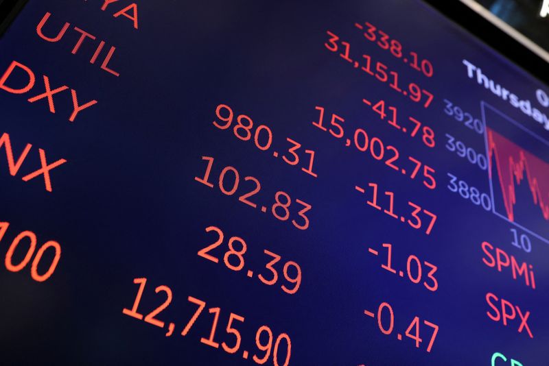 © Reuters. FILE PHOTO: Market information is displayed on a monitor at the New York Stock Exchange (NYSE) in Manhattan, New York City, U.S., May 19, 2022. REUTERS/Andrew Kelly/File Photo