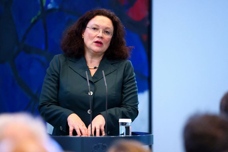 © Reuters. Chairwoman of the Board of the Federal Employment Agency Andrea Nahles delivers a speech about so-called