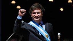 Argentina's new president Javier Milei gestures at the crowd from a balcony of Casa Rosada Presidential Palace during his inauguration, in Buenos Aires on December 10, 2023.