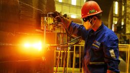 A construction worker builds petrochemical equipment parts at Lanshi Heavy Machinery Co., LTD., Hongshiya Street, in Qingdao, China, on October 31, 2024. (Photo by Costfoto/NurPhoto via Getty Images)