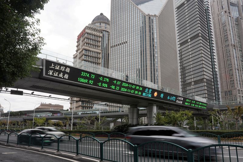 © Reuters. FILE PHOTO: Cars travel past a pedestrian overpass with a display of stock information at the Lujiazui financial district in Shanghai, China, November 7, 2024. REUTERS/Nicoco Chan/File Photo