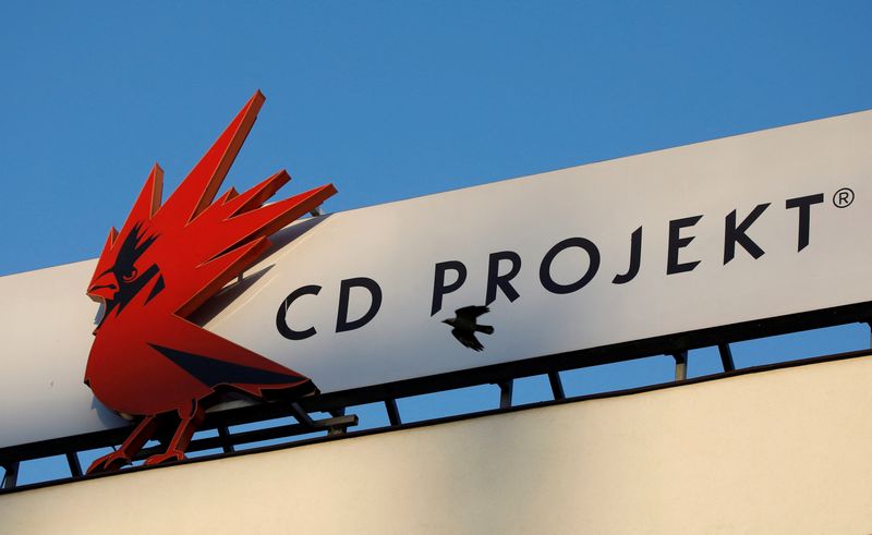 © Reuters. FILE PHOTO: A bird flies in front of the Cd Projekt logo at its headquarters in Warsaw, Poland January 21, 2020. Picture taken January 21, 2020. REUTERS/Kacper Pempel/File Photo