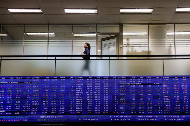 © Reuters. FILE PHOTO: A woman walks past the stock board at the Colombo Stock Market in Colombo, Sri Lanka June 7, 2023. REUTERS/Dinuka Liyanawatte/File Photo