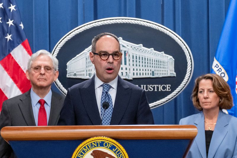 © Reuters. U.S. Assistant Attorney General Jonathan Kanter speaks about the antitrust lawsuit against Live Nation Entertainment during a press conference as Attorney General Merrick Garland and Deputy Attorney General Lisa O. Monaco look on during a press conference at the Department of Justice in Washington, U.S., May 23, 2024. REUTERS/Ken Cedeno/File Photo