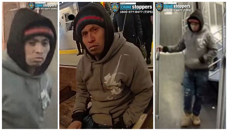 © Reuters. A man wanted for questioning by the New York Police Department (NYPD), in connection with the death of a woman who was set on fire while she was sleeping on a stationary subway train, is seen in a combination of still images from surveillance video in New York City, U.S. December 22, 2024.   NYPD/Handout via REUTERS.