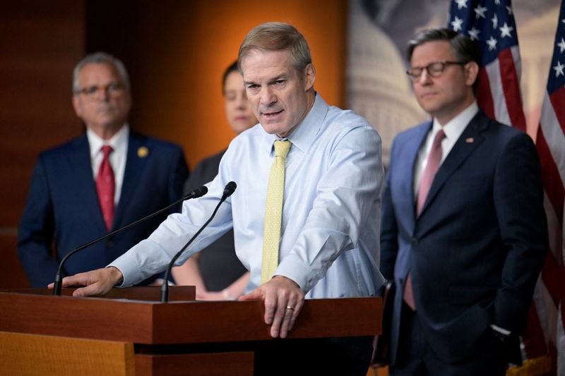 © Reuters. FILE PHOTO: U.S. Representative Jim Jordan (R-OH) speaks at a House Republicans press conference on Capitol Hill in Washington, U.S., June 12, 2024. REUTERS/Craig Hudson/File Photo