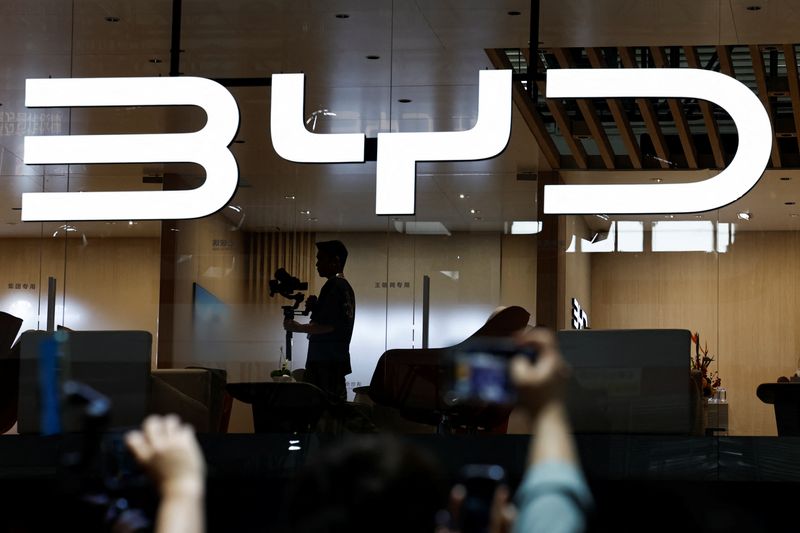 © Reuters. The BYD logo is displayed at the Beijing International Automotive Exhibition, or Auto China 2024, in Beijing, China, April 25, 2024. REUTERS/Tingshu Wang