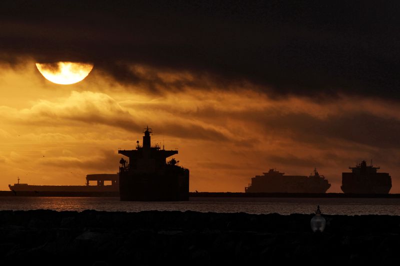 © Reuters. FILE PHOTO: Anchored container ships and with other vessels sit offshore near the ports of Los Angeles and Long Beach December 2, 2012.  REUTERS/Jonathan Alcorn/File Photo