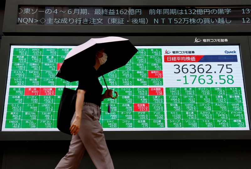 © Reuters. FILE PHOTO: A woman walks past an electronic stock quotation board outside a brokerage in Tokyo, Japan August 2, 2024. REUTERS/Issei Kato/File photo