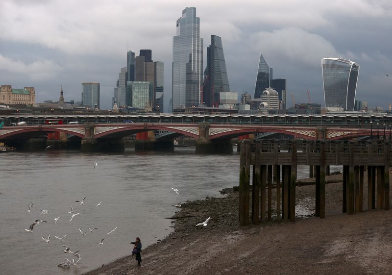 © Reuters. FILE PHOTO: A woman feeds birds on the bank of the river Thames with London's financial district seen in the background, amid the coronavirus disease (COVID-19) in London, Britain, November 25, 2020. REUTERS/Simon Dawson/File Photo