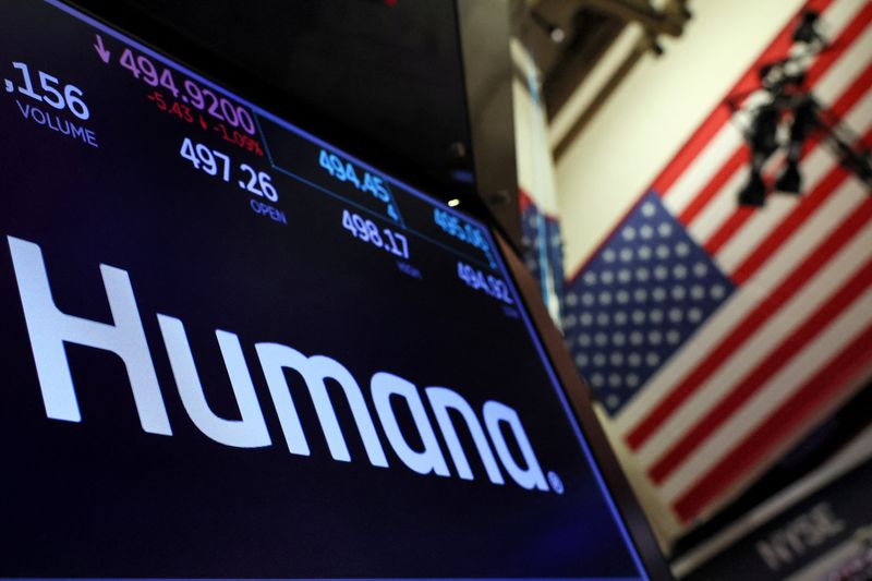 © Reuters. A screen displays the logo and trading information for Humana on the floor at the New York Stock Exchange (NYSE) in New York City, U.S., December 6, 2023.  REUTERS/Brendan McDermid/File Photo