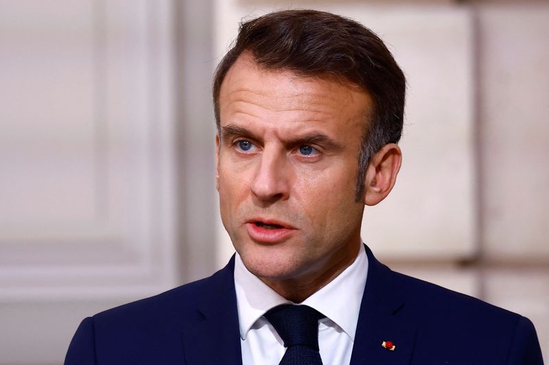 © Reuters. FILE PHOTO: French President Emmanuel Macron delivers a statement to the press with Nigerian President Bola Ahmed Tinubu (not seen) after a meeting at the Elysee Palace in Paris as part of his a two-day state visit to France, November 28, 2024. REUTERS/Sarah Meyssonnier/Pool/File Photo