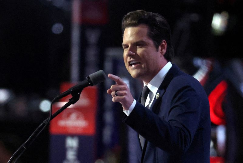 © Reuters. FILE PHOTO: Then-Rep. Matt Gaetz (FL) speaks on Day 3 of the Republican National Convention (RNC), at the Fiserv Forum in Milwaukee, Wisconsin, U.S., July 17, 2024. REUTERS/Jeenah Moon/File Photo