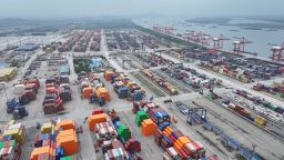 Shipping containers are seen at Nanjing port in Nanjing, in eastern China's Jiangsu province on October 17, 2024.