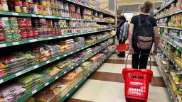 Shoppers are at a grocery store in Mississauga, Ontario, Canada.