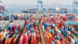 Aerial view of a container terminal of Qingdao Port in Qingdao, Shandong province, on December 10, 2024