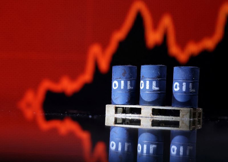 © Reuters. FILE PHOTO: Model of Oil barrels are seen in front of rising stock graph in this illustration, July 24, 2022. REUTERS/Dado Ruvic/Illustration/ File Photo