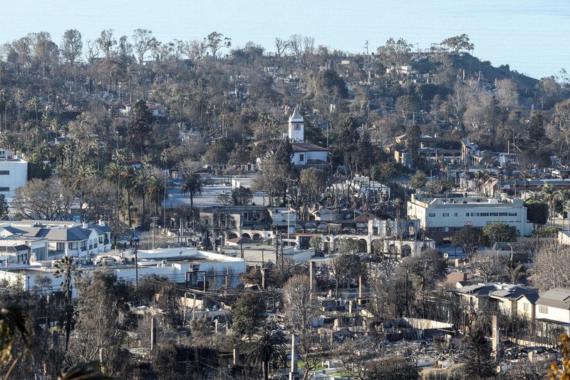 © Reuters. Burned properties following the Palisades Fire at the Pacific Palisades neighborhood in Los Angeles, California, U.S.  January 13, 2025. REUTERS/Mike Blake