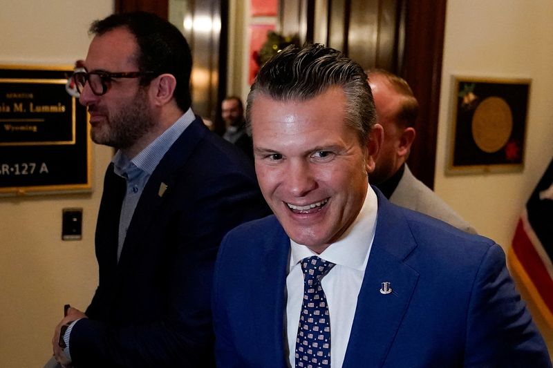 © Reuters. FILE PHOTO: Defense secretary nominee Pete Hegseth walks through Capitol Hill in Washington, U.S., December 11, 2024. REUTERS/Elizabeth Frantz/File Photo