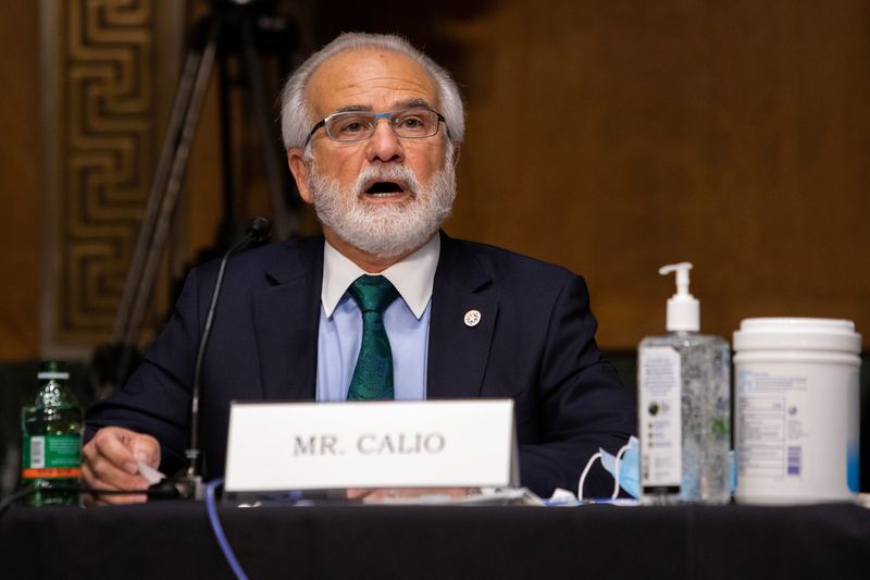 © Reuters. FILE PHOTO: Nicholas Calio, president and CEO of Airlines for America, testifies during his opening statement in a full committee hearing on the impact of the coronavirus disease (COVID-19) pandemic in the state of the aviation industry, on Capitol Hill, in Washington, U.S., May 6, 2020. Graeme Jennings/Pool via REUTERS/File photo