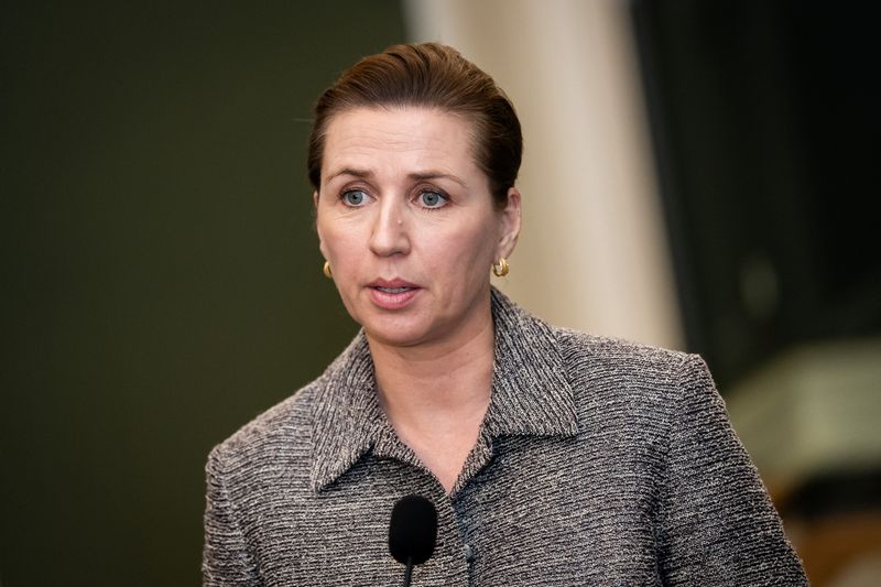 © Reuters. FILE PHOTO: Denmark's Prime Minister Mette Frederiksen speaks with the media after a meeting with party leaders regarding Greenland, at the Prime Minister's Office in Christiansborg, Copenhagen, Denmark, January 9, 2025. Ritzau Scanpix/Emil Nicolai Helms/via REUTERS/File Photo