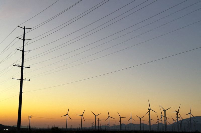 © Reuters. FILE PHOTO: Wind turbines and an electrical power line are shown in Palm Springs, California, U.S., October 12, 2024. REUTERS/Mike Blake/File Photo