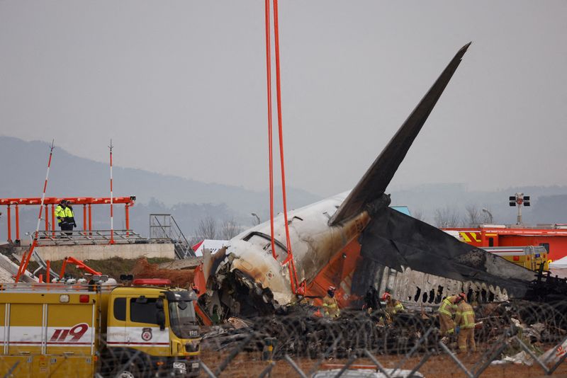 © Reuters. FILE PHOTO: People stand as the wreckage of an aircraft lying on the ground after it went off the runway and crashed at Muan International Airport is pictured, in Muan, South Korea, December 30, 2024. REUTERS/Kim Soo-hyeon/File Photo