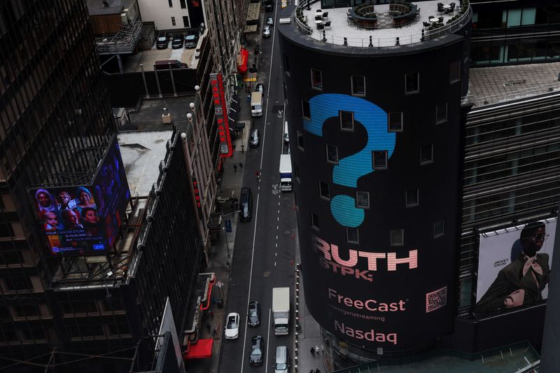 © Reuters. FILE PHOTO: The Nasdaq Market site is seen on the day that shares of Truth Social and Trump Media & Technology Group start trading under the ticker