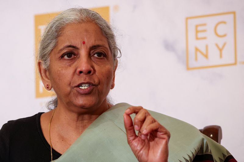 © Reuters. Indian Finance Minister Nirmala Sitharaman speaks to the Economic Club of New York in New York City, U.S., October 21, 2024. REUTERS/Brendan McDermid/File Photo