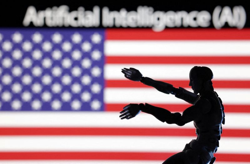 © Reuters. FILE PHOTO: AI Artificial intelligence words, miniature of robot and U.S. flag are seen in this illustration taken December 21, 2023. REUTERS/Dado Ruvic/Illustration/File Photo