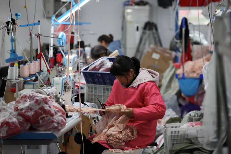 © Reuters. FILE PHOTO: Employees work on the production line at the Midnight Charm Garment lingerie factory in Guanyun county of Lianyungang, Jiangsu province, China November 25, 2024. REUTERS/Florence Lo/File Photo